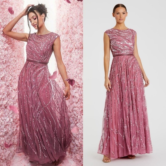 MAC DUGGAL Pink Cap Sleeve Embellished Evening Gown 10 - Picture 1 of 15